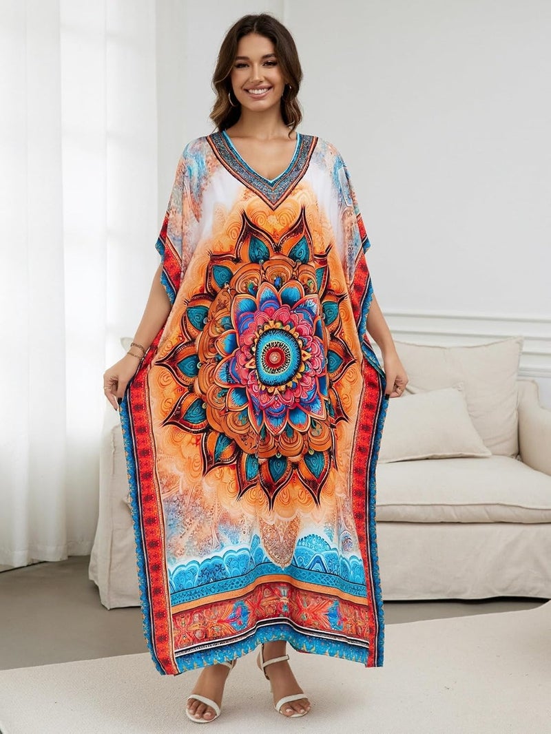 IMAGEKOPE Women's Plus Size Loose Fit Moroccan Print V-Neck Batwing Kaftan Beach Dress Bathing Suit Cover Up - Image 2